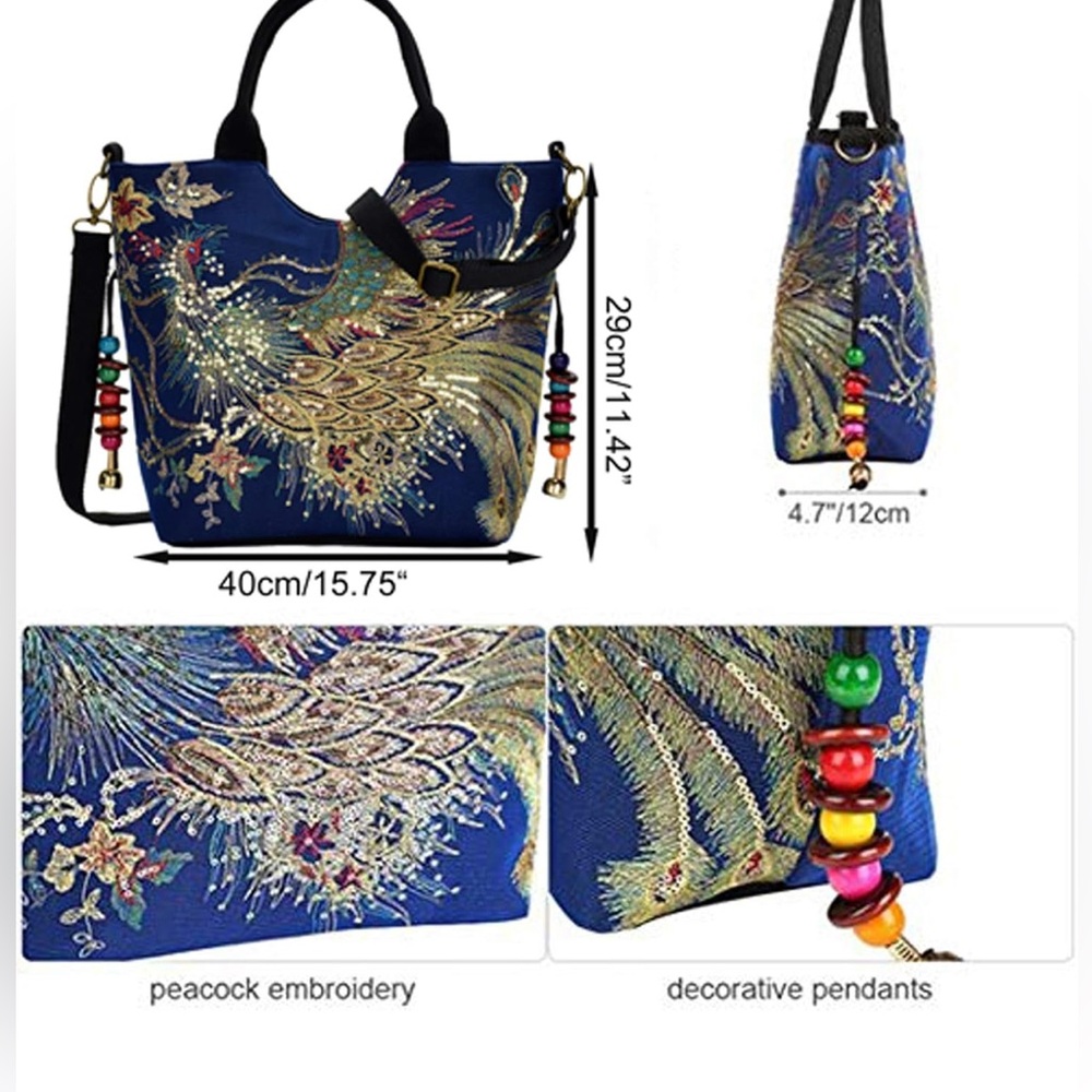 Blue Tote Hand Bag with Intricate Phoenix Design and Side Beads. - Picture 3 of 11